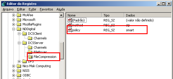 O método de compressão dos arquivos poderá ser alterado via registro, no servidor DPS Print Server. Por padrão, o instalador trará configurada a compressão ZIP, mas pode ser alterada para 7z.