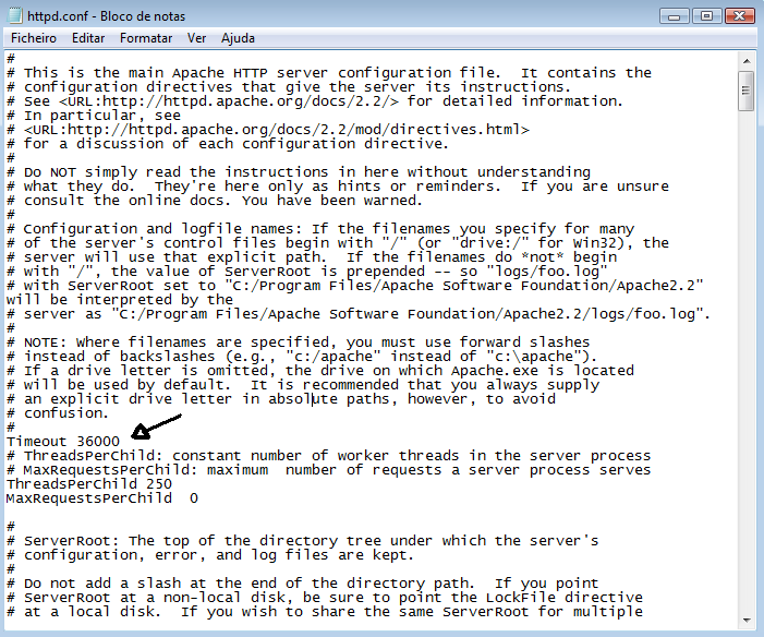 A temporização do serviço do Apache (timeout) 2.