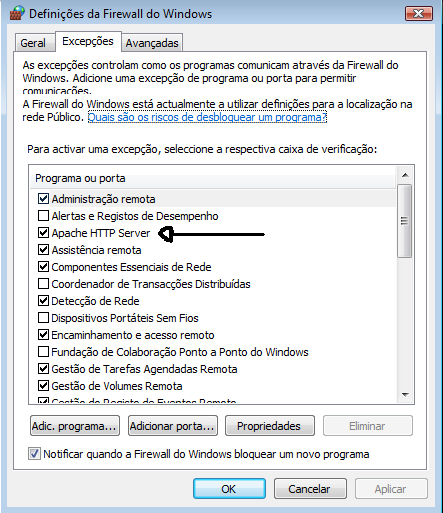 Firewall do Windows 4. Se o Apache HTTP server não constar na lista, clique em Adic.