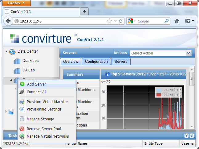45 5.4.2 Adicionar servidores KVM Após realizar o primeiro login no ConVirt é necessário adicionar os servidores de virtualização, para isto, basta clicar em Servers no menu lateral e então