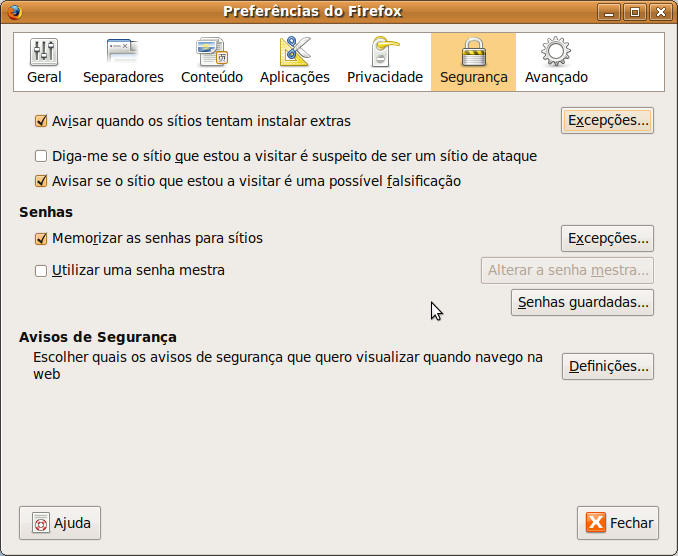 De seguida escolha o separador Segurança e carregue no botão Excepções.