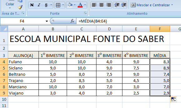 39 Não se preocupe com a quantidade de fórmulas que você vai ter de digitar, na verdade, com o recurso da ALÇA DE PREENCHIMENTO, o Excel construirá as outras fórmulas baseadas no formato da original.