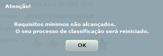 Caso o Meio de Hospedagem não atinja os requisitos mínimos necessários, o sistema exibe a mensagem informando a quantidade de requisitos mandatórios e eletivos atingidos de acordo com os blocos de