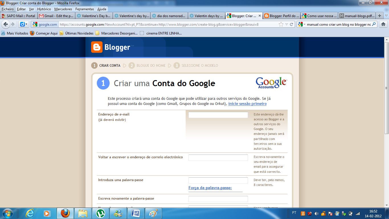 Criação de Blogs: Criar uma nova conta no www.blogger.