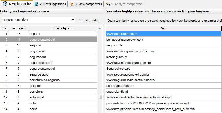 Vamos colocar, por exemplo, a frase "seguro automóvel" e procurar palavras-chave relacionadas.