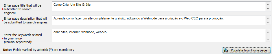 Em "Page Details", deve selecionar as páginas que deseja submeter. O melhor é submeter apenas a página principal. O Web CEO vai preencher automaticamente os dados da página. Aqui fica o exemplo: 2.