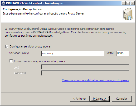 Caso o servidor Web necessite de um proxy para aceder a endereços/serviços externos, deverá configurá-lo neste passo.