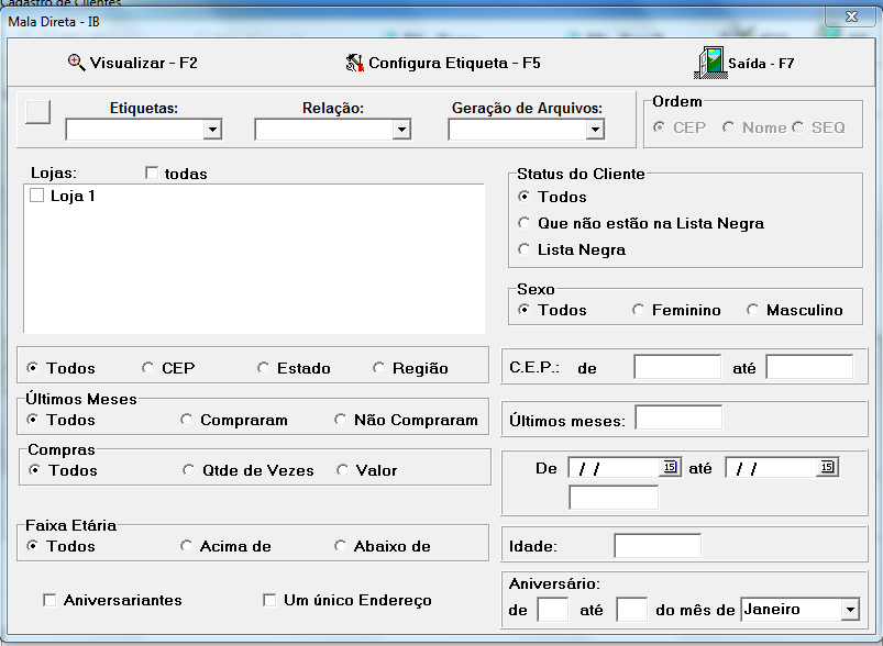 CADASTRO AUTOMÁTICO DE CLIENTE COM OPÇÃO DE MALA DIRETA Esta opção de Mala direta do Cadcli tem as seguintes opções:. Geração de etiquetas para envio de mala direta.