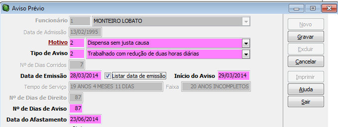 Considerar o ano completo para cálculo dos dias a conceder: Com esta opção marcada, a contagem de dias de aviso prévio variará considerando um ano completo no tempo de serviço do funcionário na