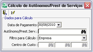 FOLHA DE PAGAMENTO (RPA)/CÁLCULO Tela de cálculo dos pagamentos para os autônomos. Necessário indicar a data de pagamento e o autônomo a ser calculado.