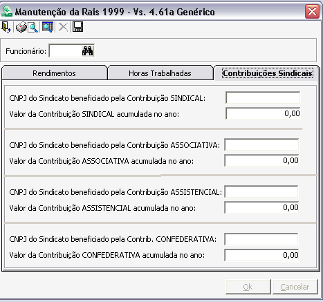 RAIS/MANUTENÇÃO (CONTRIBUIÇÕES SINDICAIS) Permite a consulta dos valores acumulados de contribuição do funcionário para o sindicato cadastrado, assim como o CNPJ do mesmo.