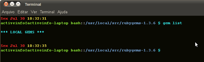 Agora podemos verificar a instalação do rubygems, com o comando: gem1.