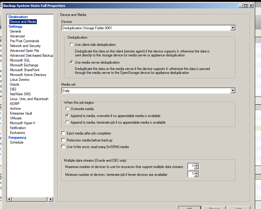 Abaixo estão as configurações de armazenamento (Deduplication Storage Folder