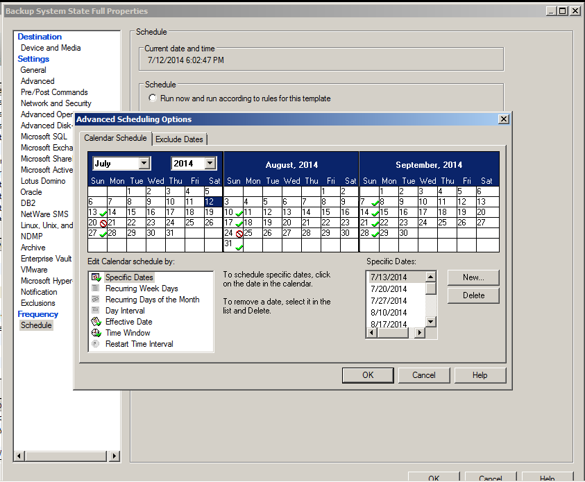 Abaixo as datas agendadas para a tarefa de backup