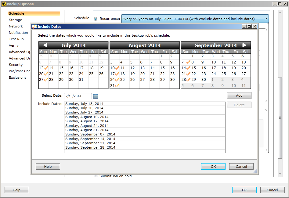 Clicando na aba Include/Exclude Dates (Incluir/Excluir Datas) em baixo de Options (Opções), em Include Dates (Incluir Datas) e depois em Exclude Dates