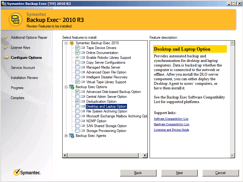 Na próxima página, expanda a opção Backup Exec Options (Opções do Backup Exec) e remova a seleção da opção Desktop