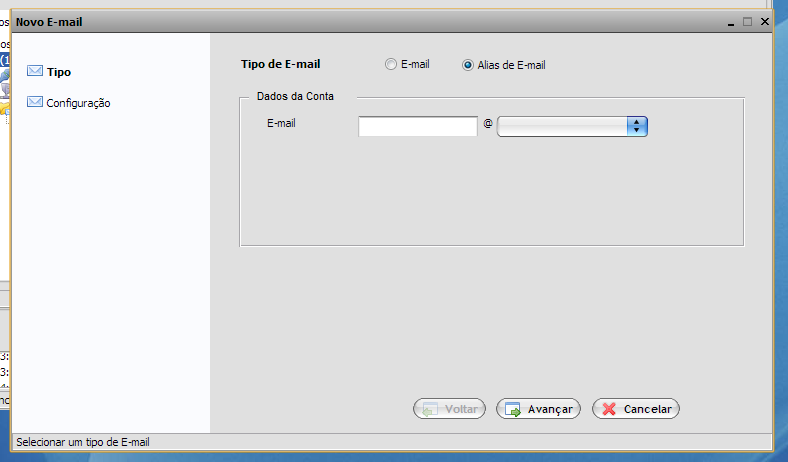 2: Passo 1 Tipo Alias de E-mail Figura Um detalhe importante é que após entrar com os valores e clicar no botão avançar, é bom verificar se o e-mail digitado já existe.
