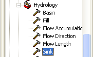 6. No Hydrology, dê um clique duplo em Sink. 7. Na caixa de diálogo Sink, selecione a layer Dir_Fluxo na caixa de entrada da opção Input flow direction raster. 8.