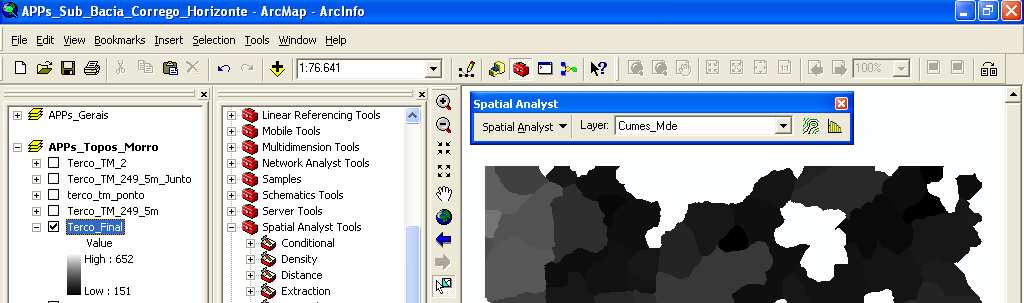 Na caixa de diálogo Raster Calculator, digite a linha de comando APP_TM = Con(([MDEHC_Fill] >= [Terco_Final]), [MDEHC_Fill], SetNull([MDEHC_Fill])). Veja a OBSERVAÇÃO abaixo. 19.