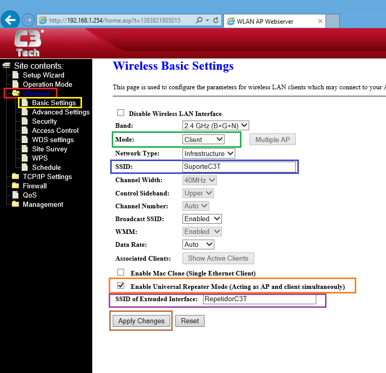 2. Configurando Rede Wi-Fi Agora navegue até Wireless depois em Basic Settings.