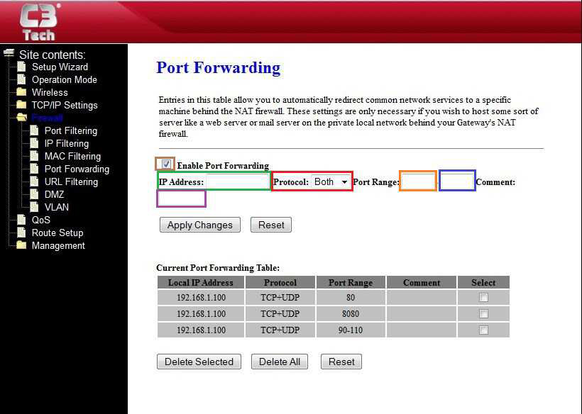 Liberando portas de Acesso Com a tela de configurações aberta clique em Firewall depois em Port Forwarding, para habilitar marque a caixa Enable Port Forwarding 1.