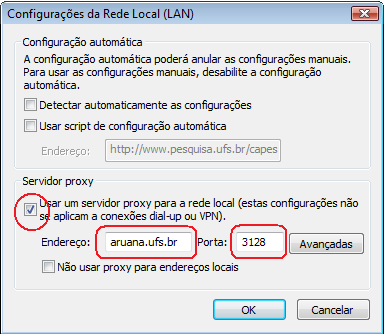 5º Passo: Na janela de configurações da rede local, selecione a opção Usar um servidor Proxy, digite no campo Endereço o nome do proxy: aruana.ufs.br e no campo Porta o número: 3128.