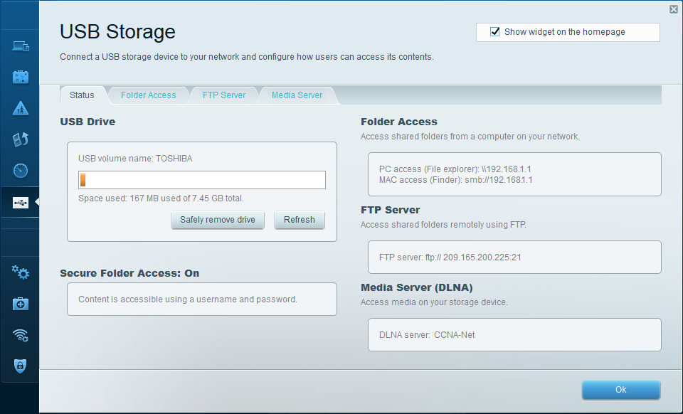 Use essa tela para revisar suas configurações de unidade USB. A partir daqui, você pode clicar na guia apropriada para configurar servidores FTP e de meios físicos.