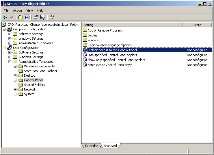 Aplicando uma GPO que restringe o acesso ao painel de controle 1 Após acessar o editor de políticas,