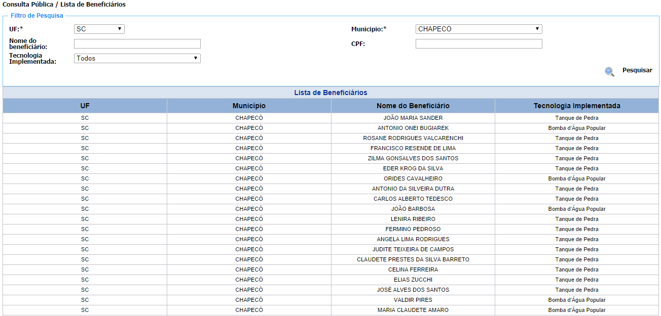 PROJECTO BRASIS informatizado utilizado no âmbito do Programa Cisternas para o registro de informações das famílias selecionadas, das capacitações realizadas e das tecnologias sociais implementadas