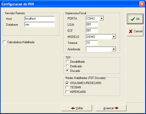 Janela de Configuração (Tela 1) Servidor Remoto Host = Numero IP do servidor de Banco de Dados. Por exemplo 192.168.0.100.