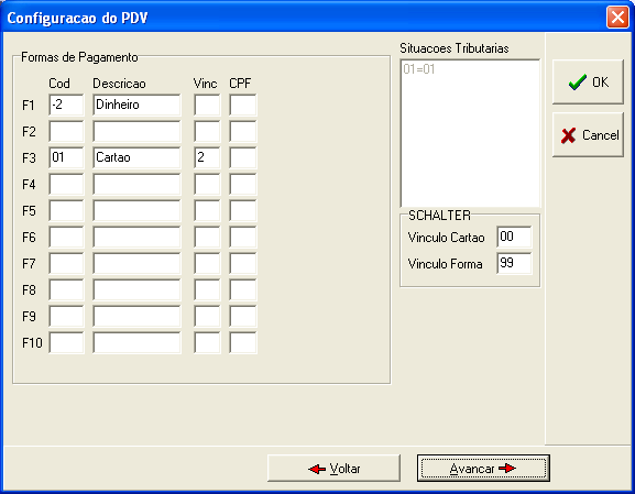 Janela de Configuração (Tela 3 As formas de pagamento e as situações tributárias são cadastradas no SAS e importadas automaticamente pelo PDV SCHALTER