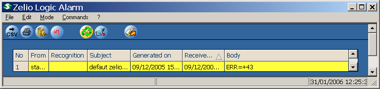 Zelio Alarm Configuração do software Zelio Logic Alarm: recebimento de mensagens Est1 Falha na bomba 29/11/2005 16:30 29/11/2005 16.