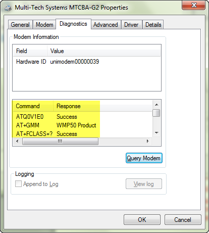 Requisitos de pré-configuração Depois de consultar com êxito, ele atualiza os detalhes de Comando e Resposta na caixa de diálogo Propriedades do modem.