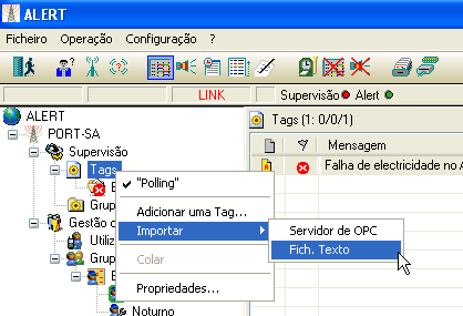 Importação de um ficheiro de texto O método descrito acima configura, uma a uma, as tags que devem ser supervisionadas a partir de um aplicação externa, servidor DDE ou OPC.