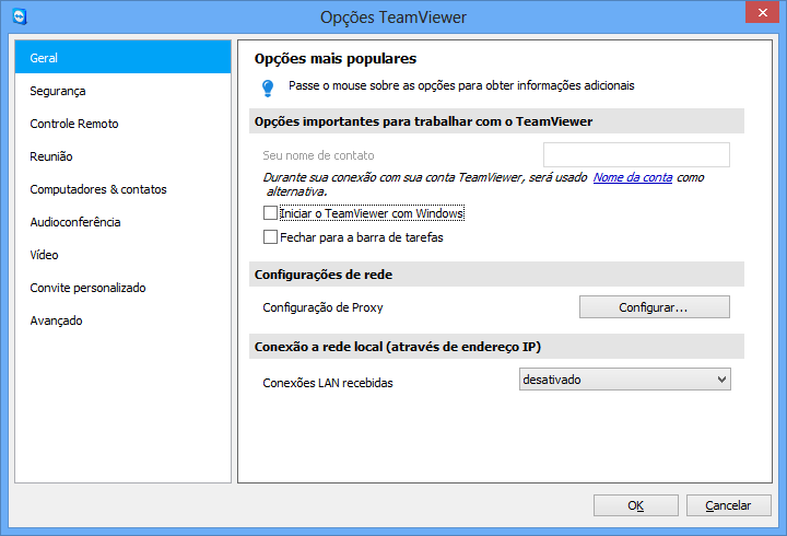 Opções 13 Opções Para acessar as opções, clique em Extras Opções na janela principal do TeamViewer. A caixa de diálogo Opções do TeamViewer abrirá.