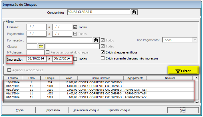 33. Novos filtros tela impressão de cheques: impressos e somente não impressos Com a nova versão do sistema Condomínio21 será possível verificar os cheques impressos e não impressos através dos novos