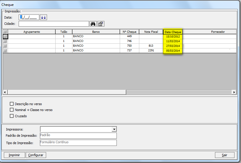 34. Melhoria tela impressão de cheques: exibição data de vencimento e seleção de impressora A partir desta versão do sistema, a tela de impressão de cheques contemplará novas melhorias.