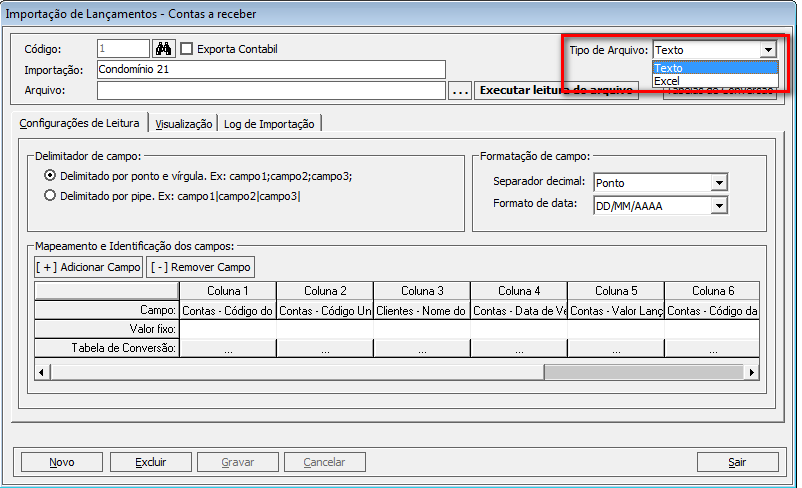 c) No campo Tipo de Arquivo, escolha a opção Texto ou Excel.
