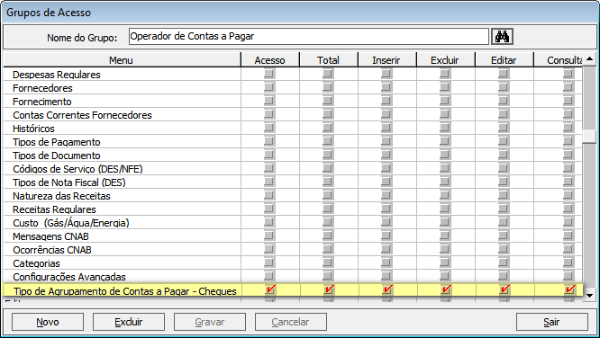 Como fazer: Configuração de acesso à tela Agrupamento de Contas a Pagar Cheques a) Acesse o menu Arquivo > Controle de Acesso > Grupo de Acesso e configure a permissão de acesso dos grupos de