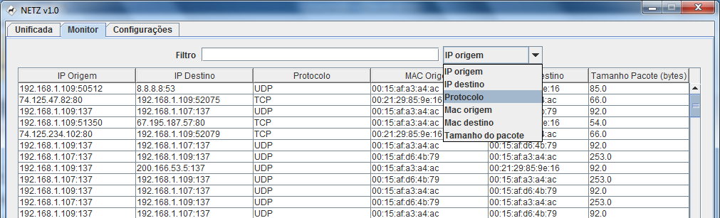 A aba Monitor exibe os pacotes capturados pelo sistema, apresentando-os em uma tabela conforme mostra a figura abaixo.