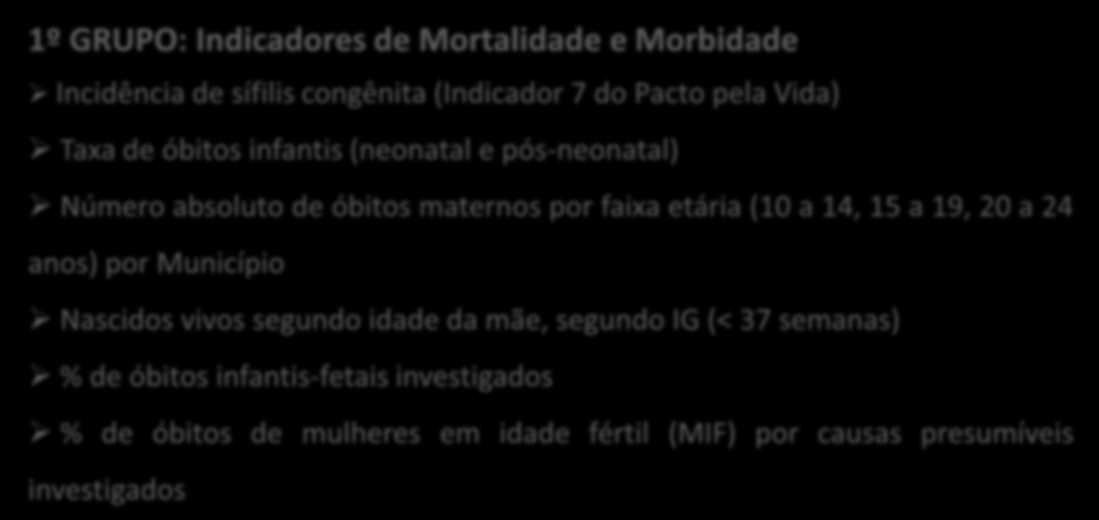 REDE CEGONHA PARA A ELABORAÇÃO DOS PLANOS DE AÇÃO UTILIZARAM-SE OS SEGUINTES INDICADORES MATRIZ DIAGNÓSTICA 1º GRUPO: Indicadores de Mortalidade e Morbidade Incidência de sífilis congênita (Indicador