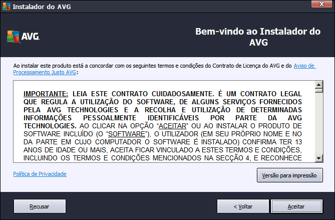 3.2. Contrato de Licença Nesta janela pode ler as condições de licenciamento. Utilize o botão Versão para impressão para abrir o texto da licença numa nova janela.