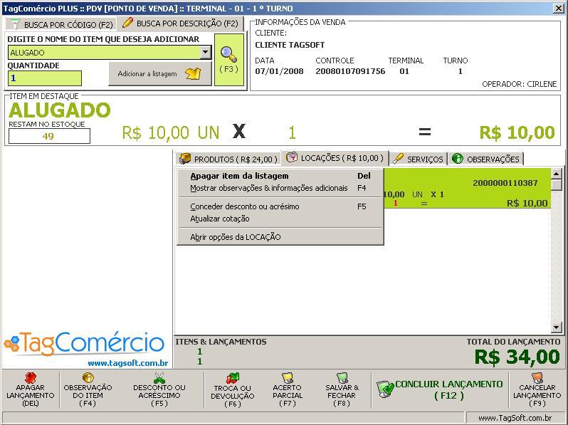 Opções de Lcações (clicand cm btã direit d muse sbre item lançad a venda). Apagar item da listagem: Apaga item da listagem, cnsultand antes qual a quantidade de itens a ser retirad.