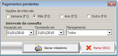 - Cheques para depósit Neste menu é feit cntrle ds cheques pré-datads. Opções de interval Semana: Gera um relatóri da semana. Mês: Gera um relatóri d mês. An: Gera um relatóri d an.