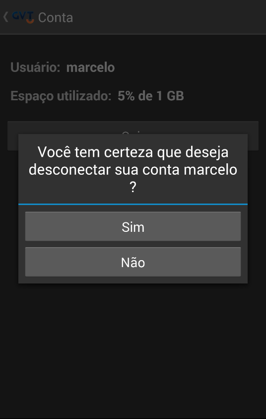 3.10 Conta Nessa opção o aplicativo exibe o usuário conectado e a porcentagem de utilização do espaço total disponível: O botão