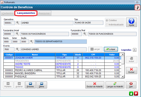 Menu Processos / Controle De Benefícios / Cadastro / Aba Cadastro