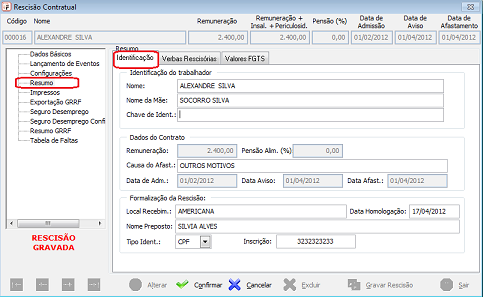 Menu Processos / Rescisão / Resumo / Verbas Rescisórias