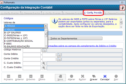 Menu Diversos / Integração Contábil / Configuração / Aba 3