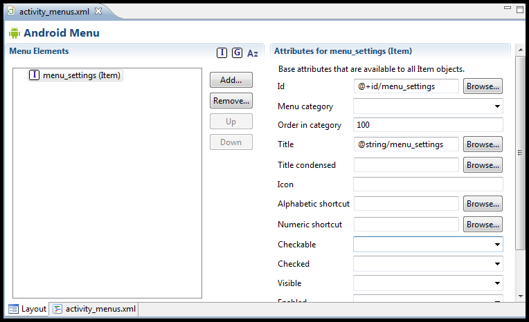 Menu em exibição Se selecionarmos no Android Menu o item menu_settings, veremos as suas propriedades conforme demonstra a figura seguinte: Visualizando as propriedades do item de menu Para demonstrar