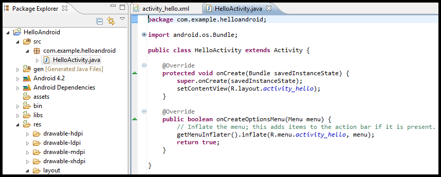 Visão geral de uma aplicação Android (HelloActivity.java) O arquivo aberto acima (HelloActivity.java) possui o seguinte conteúdo: package com.example.helloandroid; import android.os.bundle; import android.